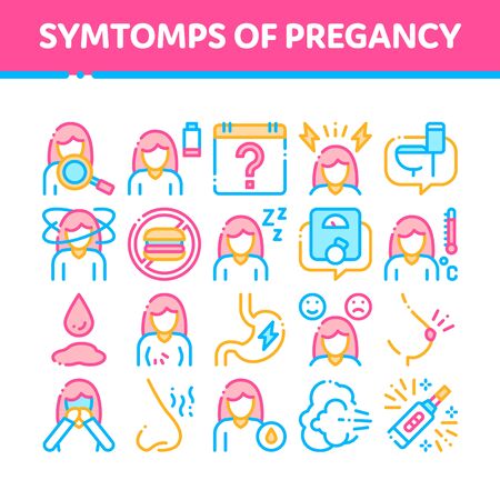 Symptomps Of Pregancy Element Vector Icons Set. Fatigue And Nausea, Food Aversion And Frequent Urination, Constipation And Faintness Symptomps Of Pregancy Pictograms. Color Contour Illustrationsのイラスト素材