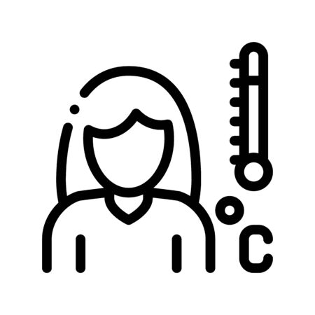 High Temprature Symptomp Of Pregnancy Vector Icon Sign Thin Line. Character Woman Silhouette And Medical Thermometer, Symptomp Of Pregnancy Pictogram. Future Mother Monochrome Contour Illustrationのイラスト素材