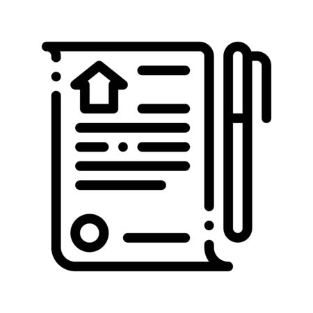 Selling Buying Agreement Vector Thin Line Icon. Building Sale And Rent Agreement Contract And Pen Pencil, Web Site, Smartphone Application Linear Pictogram. Garage And Skyscraper Contour Illustrationのイラスト素材