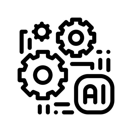 Artificial Intelligence Ai Chip Vector Sign Icon Thin Line. Artificial Intelligence Gear Wheels And Microchip Linear Pictogram. Technology Support, Cyborg, System Contour Illustrationのイラスト素材