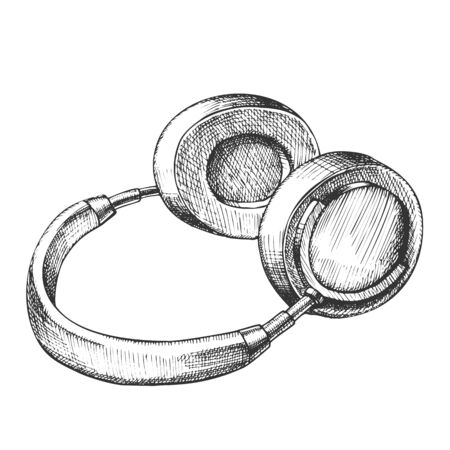 Listening Music Device Wireless Headphones Vector. Fashion Portable Electronic Gadget Headphones For Listen Audio Track. Stereo Dynamics Earphone Dj Equipment Designed In Vintage Style Illustrationのイラスト素材