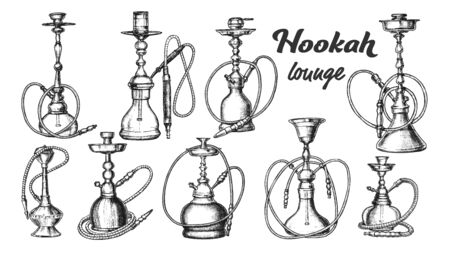 Collection of Different Hookah Set Ink Vector. Arabian Traditional Smoking Culture Hookah Lounge. Oriental Smoke Relaxation Aroma Tobacco Equipment Monochrome Hand Drawn Illustrationsのイラスト素材