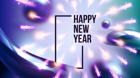 Celebrating Happy New Year Invite Banner . Colorful Glossy Water Drops And Black Words With Frame Decorated Fireworks On New Year Greeting-card Annonce. Horizontal Poster 3d Illustration