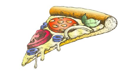 Color Delicious Italian Slice Pizza Hand Drawn . Cooked Slice Cheese Pizza With Ingredients Pepperoni Sausage And Tomato, Onion And Olives Concept. Designed Restaurant Food Illustrationの写真素材