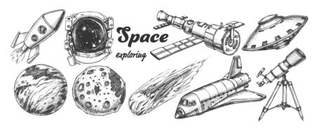 Collection Of Space Exploring Elements Set Vector. Space Rocket And Shuttle, Satellite And Ufo, Asteroid And Exposure Suit, Planet And Telescope. Hand Drawn In Vintage Style Monochrome Illustrationsのイラスト素材