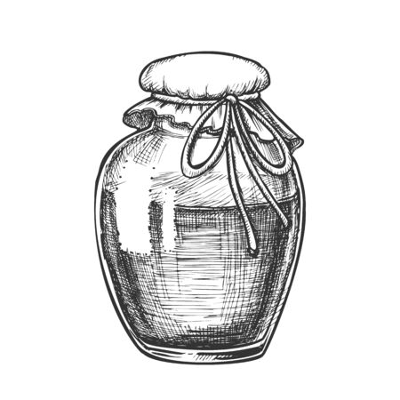 Fruit Or Berry Sweet Jam Glass Bottle Ink Vector. Bottle With Delicious Jelly Marmalade Or Juice Covering Textile Cap. Template Hand Drawn In Vintage Style Black And White Illustrationのイラスト素材