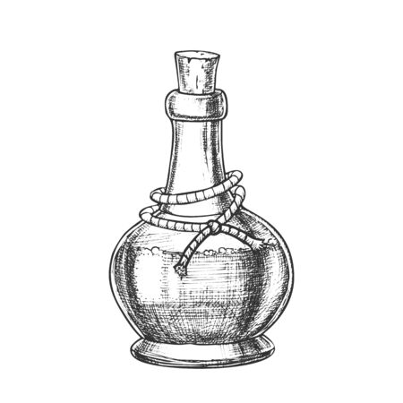 Poison Bottle With Cork Cap Monochrome Vector. Glass Bottle With Planted Yarn And Toxic Mixture. Poisonous Liquid In Flask Template Hand Drawn In Vintage Style Black And White Illustrationのイラスト素材