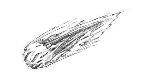 Danger Space Burning Asteroid Monochrome Vector. Flying Asteroid Celestial Body Of Solar System. Cosmic Comet Meteor Small Planet Hand Drawn In Vintage Style Black And White Illustrationのイラスト素材