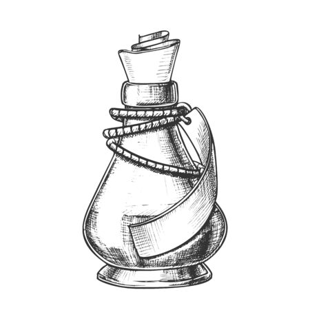 Creative Potion Glass Bottle Phial Ink Vector. Mixture Bottle Decorated Blank Ribbon On Planted Yarn. Liquid In Conic Vial Template Hand Drawn In Retro Style Black And White Illustrationのイラスト素材