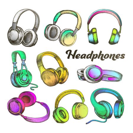 Color Different Sides Headphones Set Vector. Modern Portable Electronic Device Headphones For Listening Radio Music. Stereo Dynamics Earphone Accessory Hand Drawn In Retro Style Illustrationsのイラスト素材