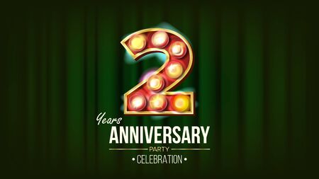 2 Years Anniversary Banner . Two, Second Celebration. 3D Glowing Element Digits. For Happy Birthday Luxurious Advertising Design. Modern Background Illustrationの写真素材