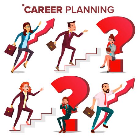 Career Planning . HR Concept. Find New Job. Huge Red Question Mark. Fast Career Growth. Job Success Concept. Stairs. Step By Step. Business Woman, Businessman. Achieve. Cartoon Illustrationの写真素材