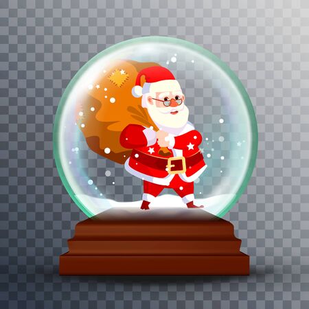 Christmas 3d Classic Xmas Snow Globe Vector. Cartoon Santa Claus With Gifts. Glass Sphere With Glares And Gighlights. Isolated On Transparent Background Illustrationのイラスト素材