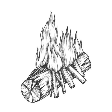 Traditional Burning Wooden Stick Monochrome Vector. Burning Timber And Little Branches Bonfire Flame. Camping Tourist Element Designed In Vintage Style Black And White Illustrationのイラスト素材
