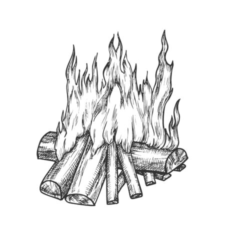 Traditional Burning Firewood Monochrome Vector. Forest Burn Firewood For Warm. Warming Camping Tourist Campsite Light Element Hand Drawn In Retro Style Black And White Illustrationのイラスト素材