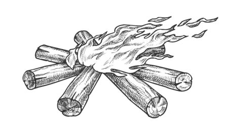 Torch Flame Blowing In Wind Monochrome Vector. Burning Starburst Timbers Flame Fireplace. Camping Tourist Element Campfire Template Designed In Vintage Style Black And White Illustrationのイラスト素材