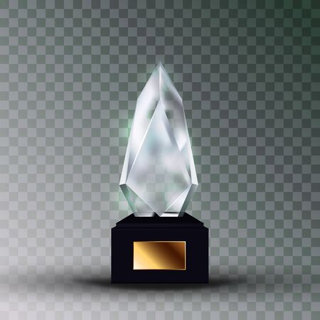 Shiny Glass Trophy Award In Crystal Form Vector. Glossy Trophy On Black Plastic Stand With Blank Golden Nameplate. Prize For First Place On Sport Competition Template Realistic 3d Illustrationのイラスト素材