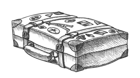 Valise With Royalty Travel Stickers Ink Vector. Lying Aged Old Tourist Valise Container For Things. Voyage Luggage For Baggage Designed In Vintage Style Black And White Illustrationのイラスト素材