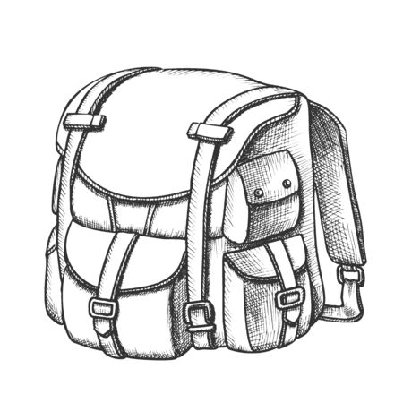 Tourist Travel Backpack Suitcase Monochrome Vector. Standing Suitcase Bag For Trip Accessories. Baggage Case For Extreme Adventure Vacation Designed In Retro Style Black And White Illustrationのイラスト素材