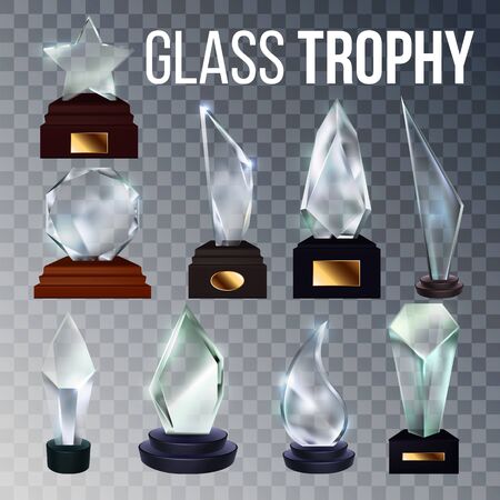 Different Form Collection Glass Trophy Set Vector. Glossy Award Trophy On Wooden And Plastic Stand With Blank Golden Nameplate. Reward For First Place Championship Template Realistic 3d Illustrationsのイラスト素材
