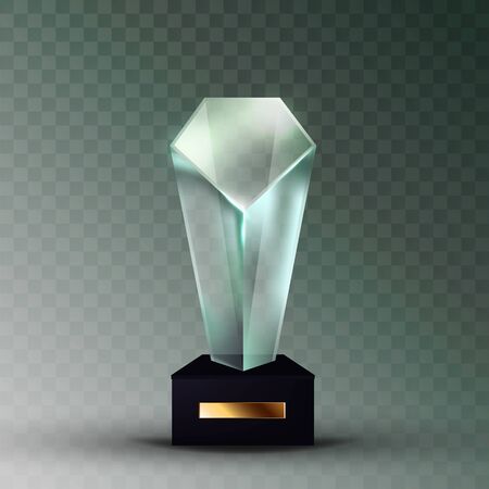 Blank Glass Trophy Prize In Crystal Shape Vector. Glossy Trophy On Black Plastic Pedestal With Empty Golden Rectangular Nameplate. Reward For Championship Winner Template Realistic 3d Illustrationのイラスト素材