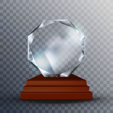 Modern Reflection Blank Glass Trophy Award Vector. Concept Of Glossy Blank Round Trophy On Wooden Pedestal. Clear Prestigious Prize Reward Scientist Or Inventor Template Realistic 3d Illustrationのイラスト素材