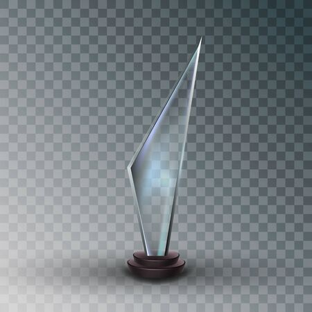 Shiny Glass Trophy Award In Metallic Frame Vector. Concept Of Competitive Glossy Blank Trophy On Plastic Pedestal. Premium Prize For Champion On Competition Mockup Realistic 3d Illustrationのイラスト素材