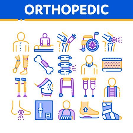 Orthopedic Collection Elements Vector Icons Set Thin Line. Orthopedic And Trauma Rehabilitation, Cervical Collar And Walkers Concept Linear Pictograms. Medical Rehab Goods Color Contour Illustrationsのイラスト素材