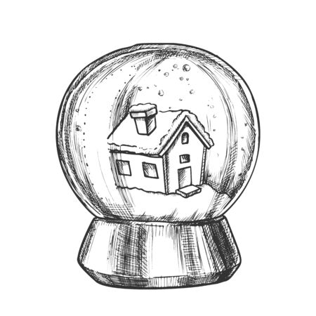 Snow Globe With House Souvenir Vintage Vector. Snowy Winter And Ancient Building In Glass Snow Ball On Pedestal. Seasonal Holiday Gift Sphere Template Designed In Retro Style Monochrome Illustrationのイラスト素材