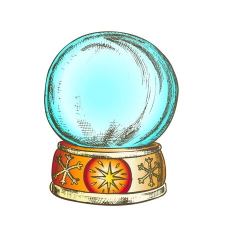 Empty Snowglobe Christmas Souvenir Vintage Vector. Glass Ball Snowglobe On Decorated Snowflake Pedestal. Celebratory Present Sphere Template Hand Drawn In Retro Style Color Illustrationのイラスト素材
