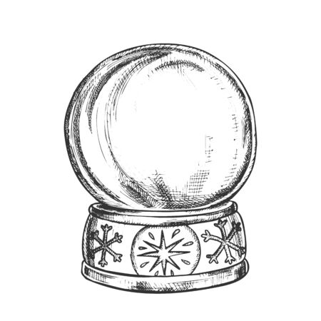 Empty Snowglobe Christmas Souvenir Vintage Vector. Glass Ball Snowglobe On Decorated Snowflake Pedestal. Celebratory Present Sphere Template Hand Drawn In Retro Style Black And White Illustrationのイラスト素材