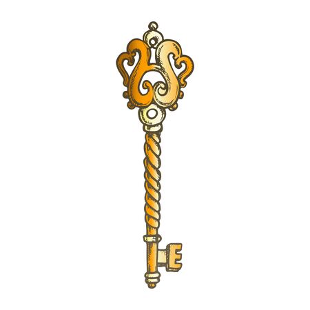 Key Beautiful Ethnic Access Element Ink Vector. Household Mortice Aged Key For Operating Lock. Protection And Safety Template Hand Drawn In Vintage Style Color Illustrationのイラスト素材