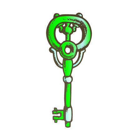 Key Antique Decorative Design Monochrome Vector. Ornate Door Or Gate Skeleton Victorian Key. Close Territory Access Element Template Hand Drawn In Vintage Style Color Illustrationのイラスト素材