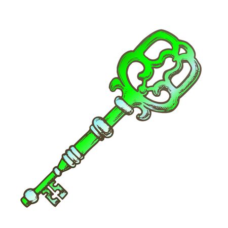 Key Antique Decorative Design Vector. Ornate Door Or Gate Skeleton Victorian Key. Close Territory Access Element Template Hand Drawn In Vintage Style Color Illustrationのイラスト素材