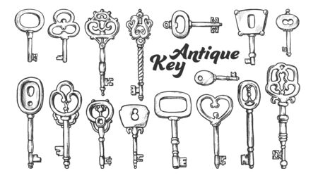 Key In Different Form And Material Ink Set Vector. Collection Bunch Decorative Antique Key. Equipment For Lock And Unlock Padlock Template Designed In Vintage Style Monochrome Illustrationsのイラスト素材