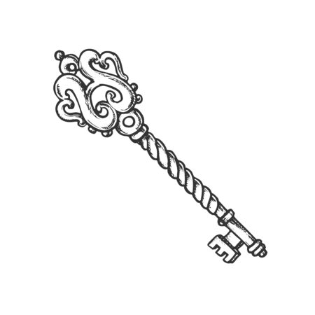Key Beautiful Ethnic Access Element Ink Vector. Household Mortice Aged Key For Operating Lock. Protection And Safety Template Hand Drawn In Vintage Style Black And White Illustrationのイラスト素材