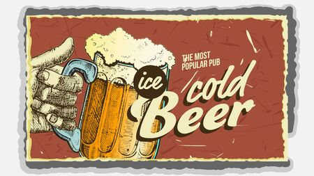 Hand Holding Ice Cold Foamy Beer Glass Vector. Full Cup With Alcohol Drink Beer On Promotional Poster In Retro Style And Grunge Textures Of Popular Pub. Brewery Liquid Flat Cartoon Illustrationのイラスト素材