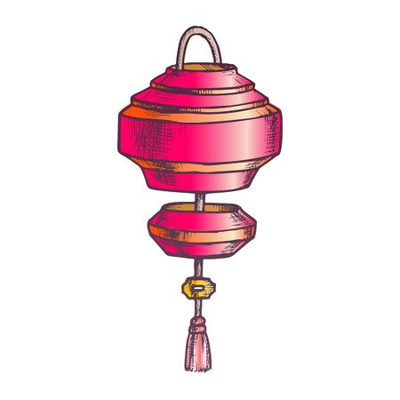 Decorative Lantern New Year Element Retro Vector. Eastern Ornamental Paper Lantern With Tassel For Festive Atmosphere. Bright Garland Light Template Hand Drawn In Vintage Style Color Illustrationのイラスト素材