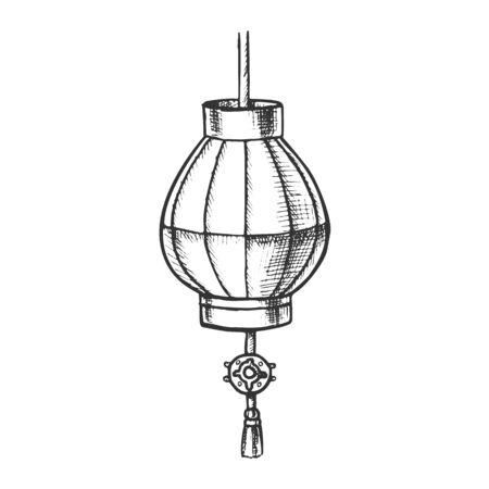 Japanese Lantern Festive Ornament Retro Vector. Traditional Asian Holiday Lantern Celebrate Street Lightning Decoration. Hanging Paper Light Mockup Hand Drawn In Vintage Style Monochrome Illustrationのイラスト素材
