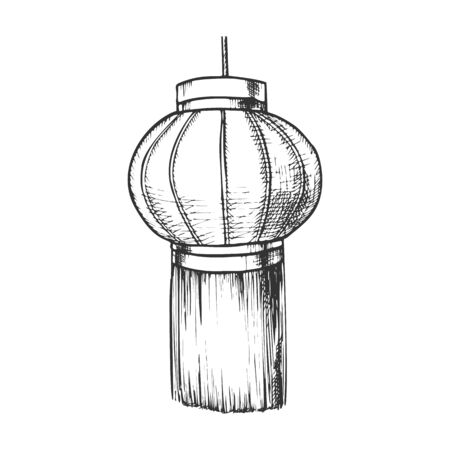 Chinese Lantern Cultural Decoration Ink Vector. Asian Carnival Party Detail Paper Ceiling Lantern Lamp. Festival Light Template Hand Drawn In Vintage Style Black And White Illustrationのイラスト素材