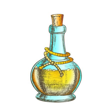 Poison Bottle With Cork Cap Vector. Glass Bottle With Planted Yarn And Toxic Mixture. Poisonous Liquid In Flask Template Hand Drawn In Vintage Style Color Illustrationのイラスト素材