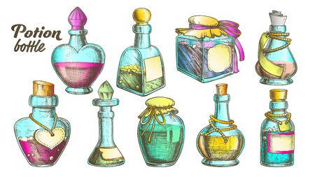 Potion Bottles Collection Set Vector. Many Kinds And Form Blank Poison Or Potion Bottles With Liquid. Various Shapes Glass Jars Hand Drawn In Vintage Style Color Illustrationsのイラスト素材