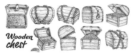 Treasure Chest Collection Monochrome Set Vector. Opened, Closed, Protected Padlock And Chain Pirate Armored Wooden Chest. Engraving Template Designed In Vintage Style Black And White Illustrationsのイラスト素材