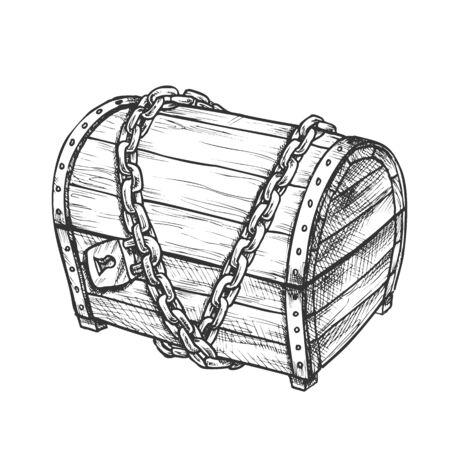 Treasure Chest With Padlock Monochrome Vector. Medieval Close Wooden Chest Protected By Metal Chain. Jewelry Box Engraving Mockup Designed In Vintage Style Black And White Illustrationのイラスト素材