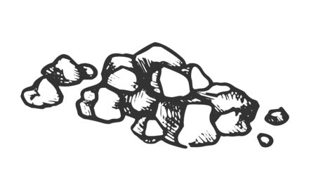 Stone Pile Gravel Cobblestone Monochrome Vector. Solid Strong Stone Crag Element For Building Road. Nature Block Slate Engraving Template Hand Drawn In Retro Style Black And White Illustrationのイラスト素材