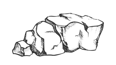 Stone Heap Gravel Cobblestone Monochrome Vector. Solid Strong Crushed Stone Concrete Element. Limestone Nature Slate Engraving Template Hand Drawn In Vintage Style Monochrome Illustrationのイラスト素材