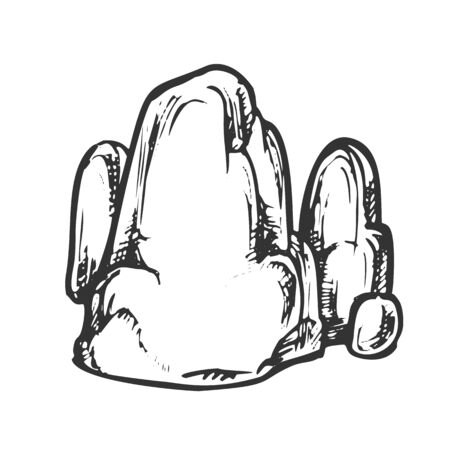 Stone Cobble Boulder Smooth Top Vintage Vector. Solid Heavy Stone Cliff Mountain Detail. Natural Block Slate Engraving Template Hand Drawn In Retro Style Black And White Illustrationのイラスト素材