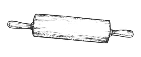 Rolling Pin For Dough Kitchenware Vintage Vector. Wooden Rolling Pin Pastry Cooking Tool Ware. Bakery Kitchen Utensil Item Engraving Mockup Hand Drawn In Retro Style Black And White Illustrationのイラスト素材