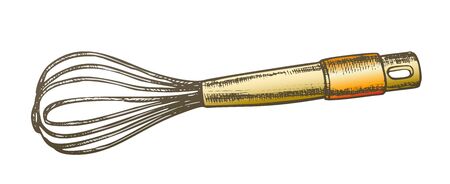 Hand Manual Mixer Kitchenware Color Vector. Metallic Manual Mix Kitchen Tool. Preparation Equipment Engraving Template Hand Drawn In Vintage Style Illustrationのイラスト素材