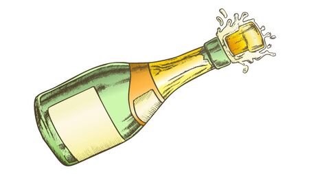 Champagne Blank Label Bottle Explosion Color Vector. Flies Cork, Splashing And Fizzing Alcohol Champagne. Luxury Bubbly Drink Engraving Template Hand Drawn In Retro Style Illustrationのイラスト素材
